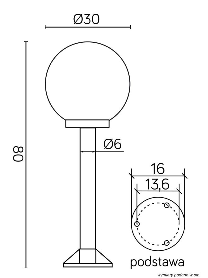 Słupek ogrodowy z kulą 30cm KULE 60 wysokość 80cm E27