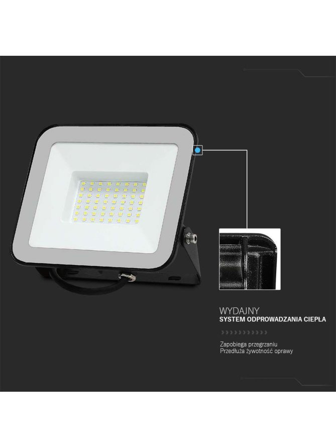 Projektor LED V-TAC 50W 100Lm/W Przewód 1mb SAMSUNG CHIP Czarny VT-44055 6500K 4270lm 5 Lat Gwarancji