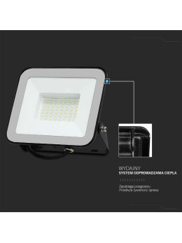 Projektor LED V-TAC 50W 100Lm/W Przewód 1mb SAMSUNG CHIP Czarny VT-44055 6500K 4270lm 5 Lat Gwarancji