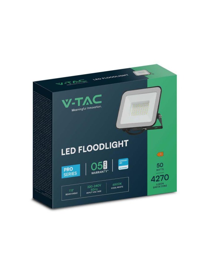 Projektor LED V-TAC 50W 100Lm/W Przewód 1mb SAMSUNG CHIP Czarny VT-44055 6500K 4270lm 5 Lat Gwarancji