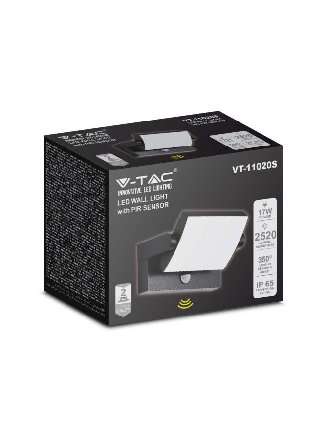 Projektor Oprawa Elewacyjna V-TAC 17W LED Czujnik Ruchu Czarna IP65 VT-11020S 3000K 2520lm