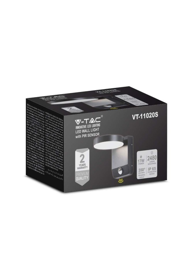 Projektor Oprawa Elewacyjna V-TAC 17W LED Czujnik Ruchu Okrągła Czarna IP65 VT-11020S 4000K 2520lm