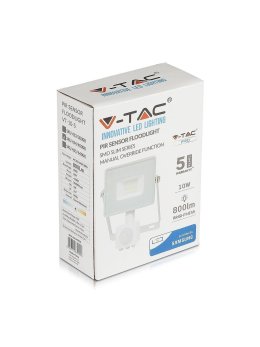 Projektor LED V-TAC 10W SAMSUNG CHIP Czujnik Ruchu Funkcja Cut-OFF Biały VT-10-S-W 6400K 800lm 5 Lat Gwarancji