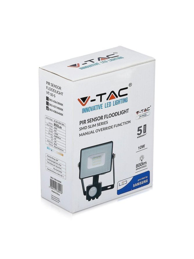 Projektor LED V-TAC 10W SAMSUNG CHIP Czujnik Ruchu Funkcja Cut-OFF Czarny VT-10-S-B 4000K 800lm 5 Lat Gwarancji