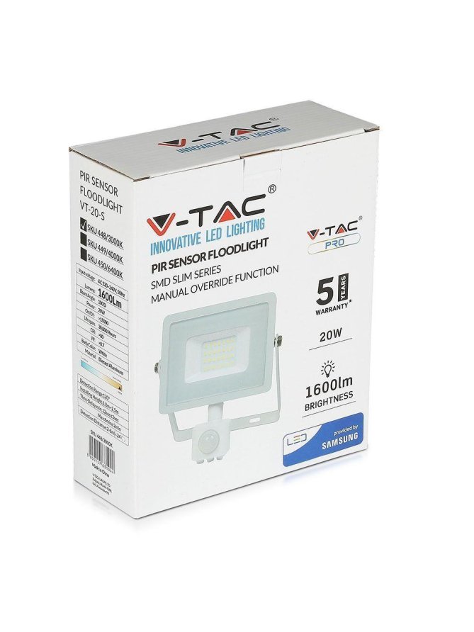 Projektor LED V-TAC 20W SAMSUNG CHIP Czujnik Ruchu Funkcja Cut-OFF Biały VT-20-S-B 4000K 1600lm 5 Lat Gwarancji