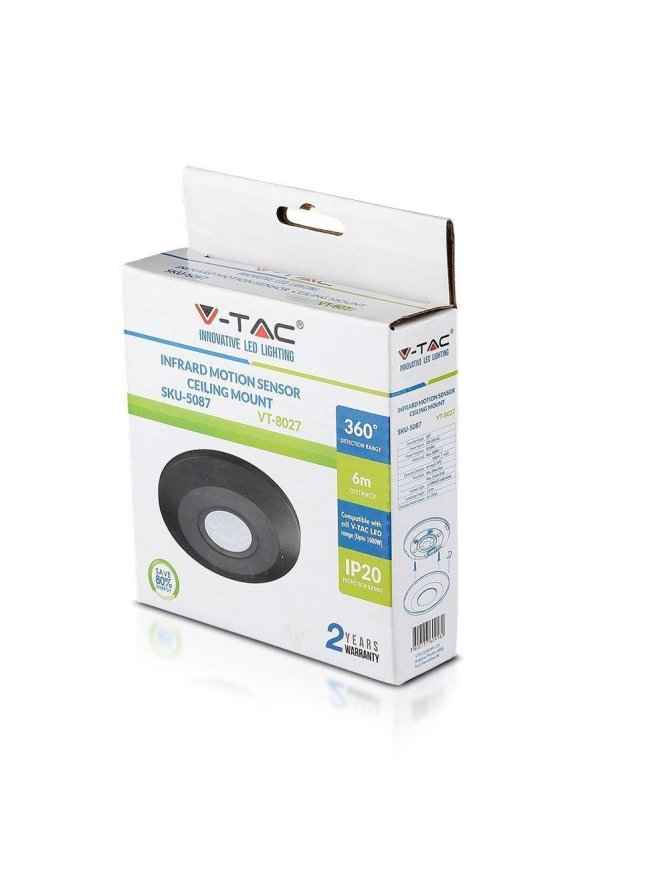 Czujnik Ruchu 360st V-TAC Natynkowy Sufitowy SLIM 25mm Czarny VT-8027
