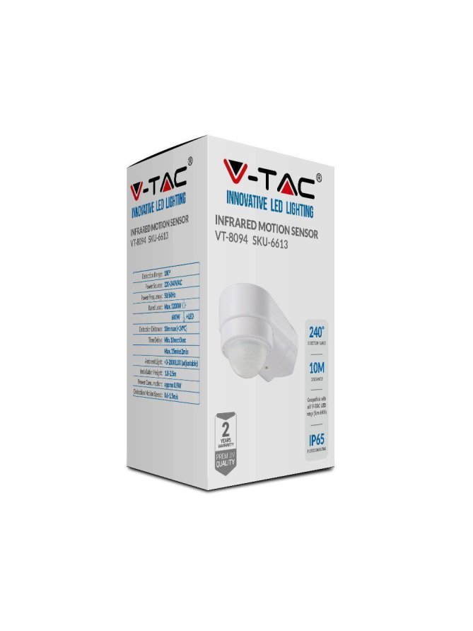 Czujnik Ruchu V-TAC Narożny 240st 600W IP65 Biały VT-8094