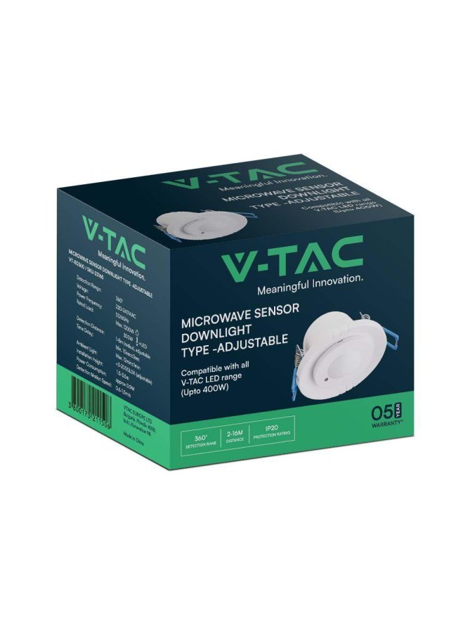 Czujnik Ruchu Mikrofalowy V-TAC Sufitowy Podtynkowy 360st fi80 1200W Biały VT-80360 5 Lat Gwarancji