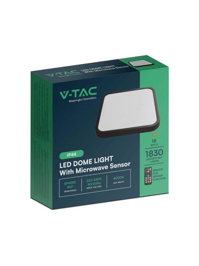 Plafon V-TAC 18W LED Kwadrat 30x30cm Natynkowy Pilot Czujnik Ruchu IP44 Czarny VT-8618S 4000K 1830lm