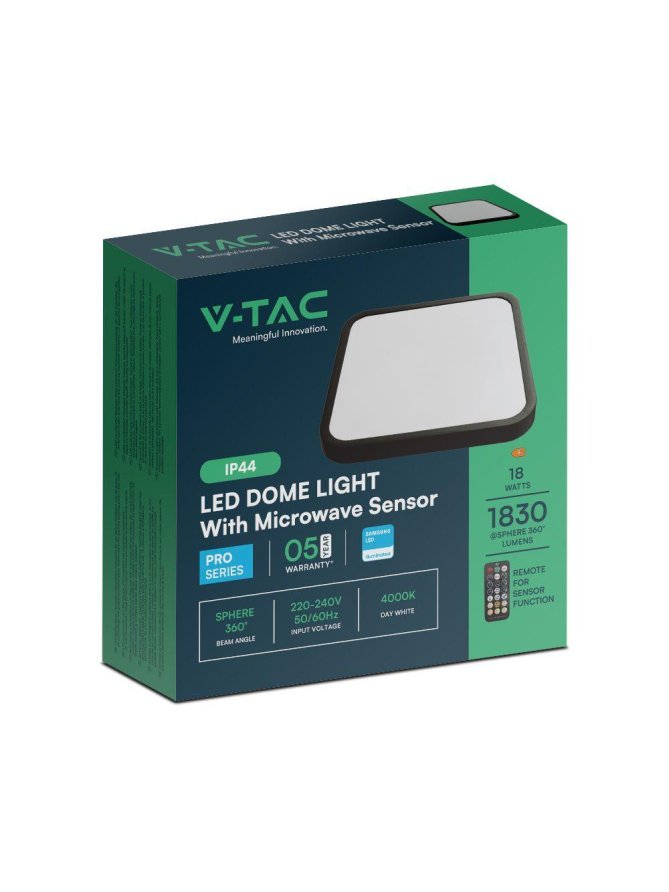 Plafon V-TAC 18W LED SAMSUNG CHIP Kwadrat 30x30cm Natynkowy Pilot Czujnik Ruchu IP44 Czarny VT-8618S 4000K 1830lm 5 Lat Gwarancj