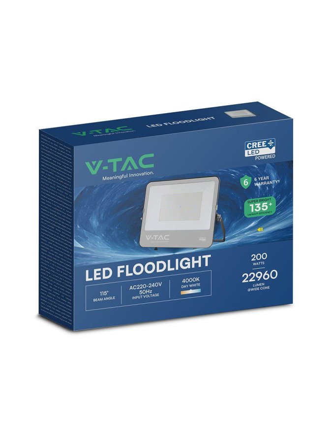 Projektor LED V-TAC CREE CHIP 200W 135lm/W czarna obudowa przewód 1m IP65 VT-44201 6500K 27000lm 6 lat gwarancji