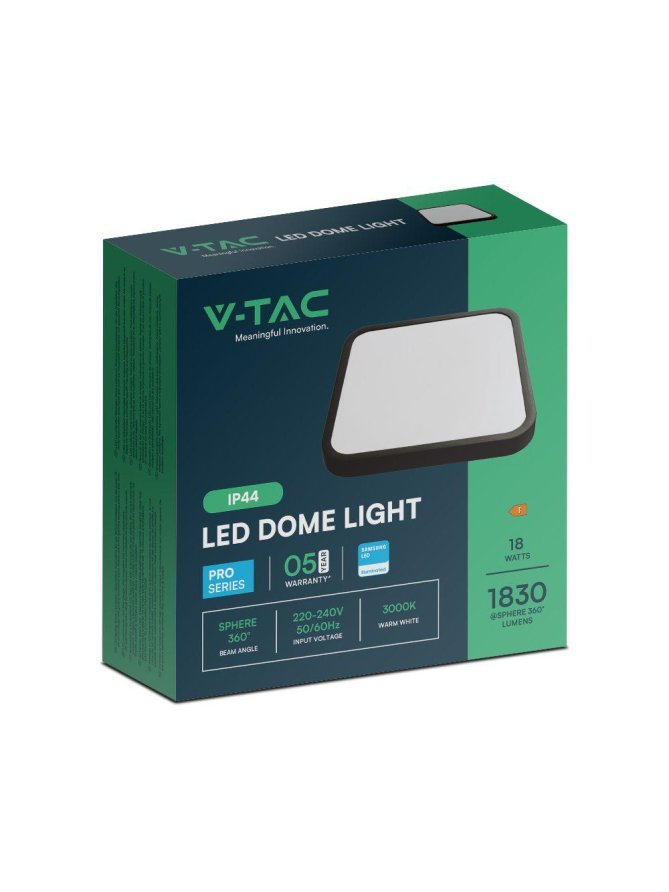 Plafon V-TAC 18W LED SAMSUNG CHIP kwadrat 25x25cm natynkowy IP44 czarny VT-8618B 3000K 1830lm 5 lat gwarancji