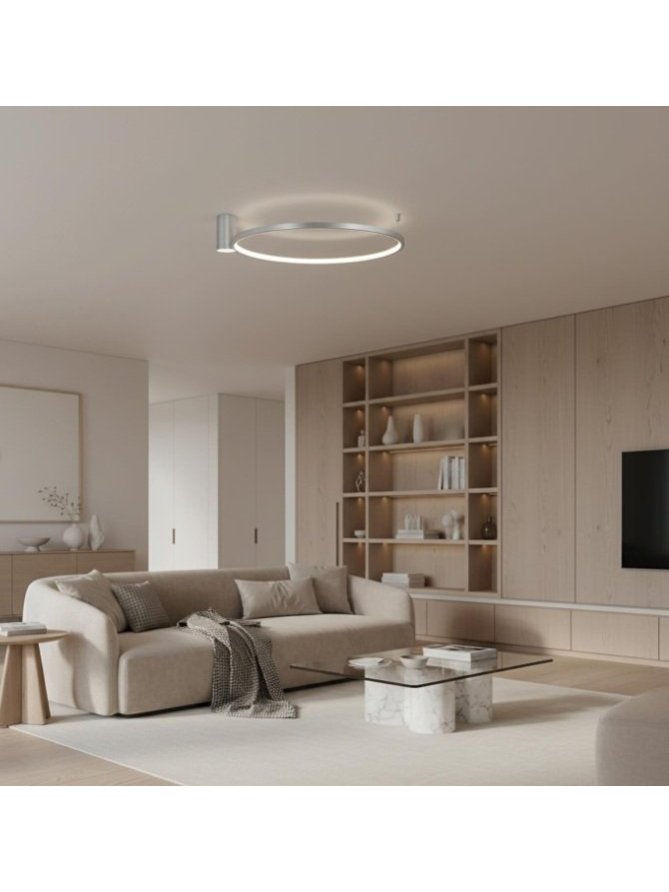 okrągła lampa sufitowa ring nikiel LED do salonu minimalistyczna  - LEDco.pl