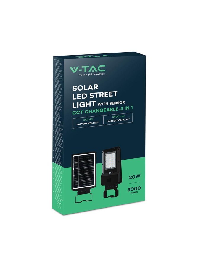 Naświetlacz oprawa uliczna solarna V-TAC 20W LED czarna IP65 150Lm/W VT-ST20CCT 3000K-4000K-6000K 3000lm 3 lata gwarancji