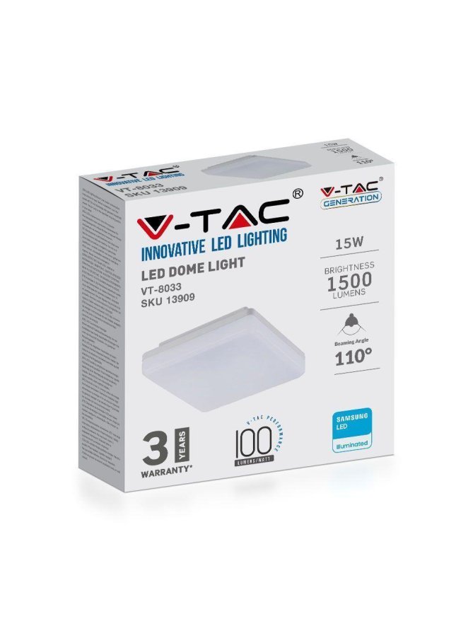Oprawa sufitowa plafoniera kwadratowa V-TAC 15W LED SAMSUNG CHIP IP44 100Lm/W VT-8033SQ 6400K 1500lm 3 lata gwarancji