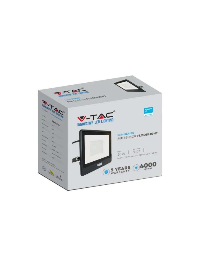 Naświetlacz LED V-TAC 50W SAMSUNG CHIP czujnik ruchu czarny przewód 1M VT-158S-1 6400K 4000lm 5 lat gwarancji