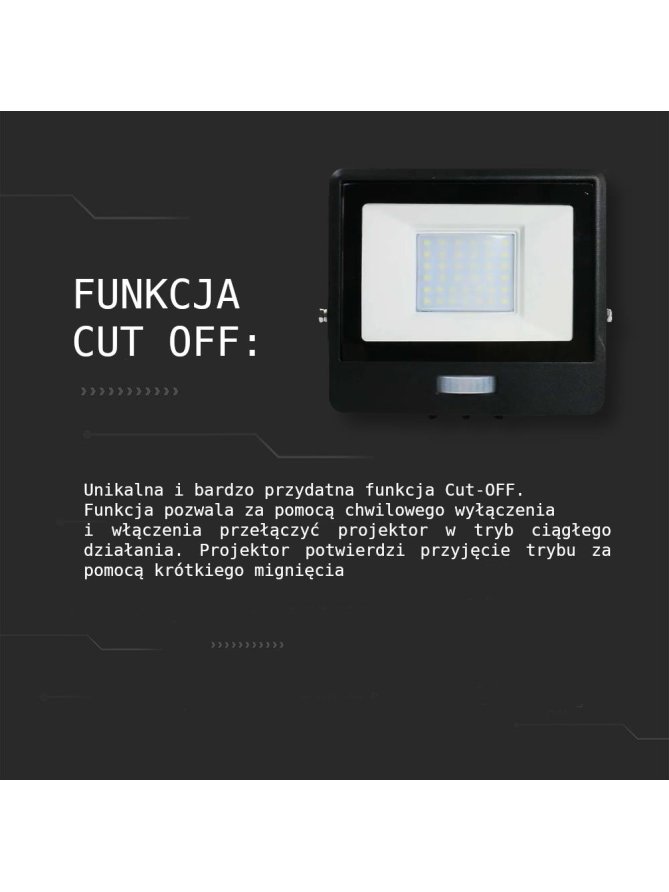 Naświetlacz LED V-TAC 50W SAMSUNG CHIP czujnik ruchu czarny przewód 1M VT-158S-1 6400K 4000lm 5 lat gwarancji