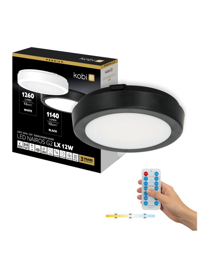 Plafon z czujnikiem ruchu LED NAIROS G2 12W 3CCT LX IP65 czarny Kobi Premium 