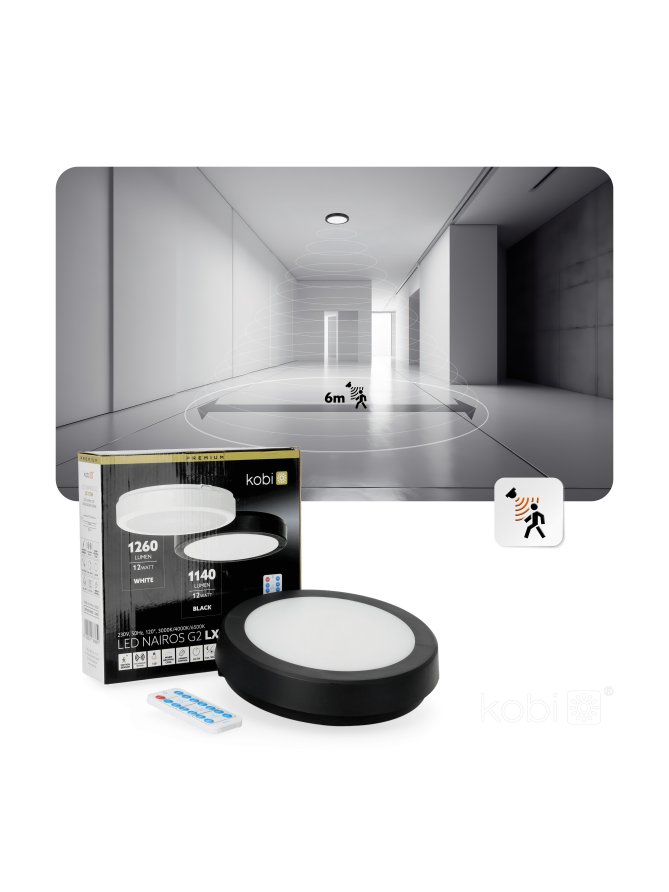 Plafon z czujnikiem ruchu LED NAIROS G2 12W 3CCT LX IP65 czarny Kobi Premium 