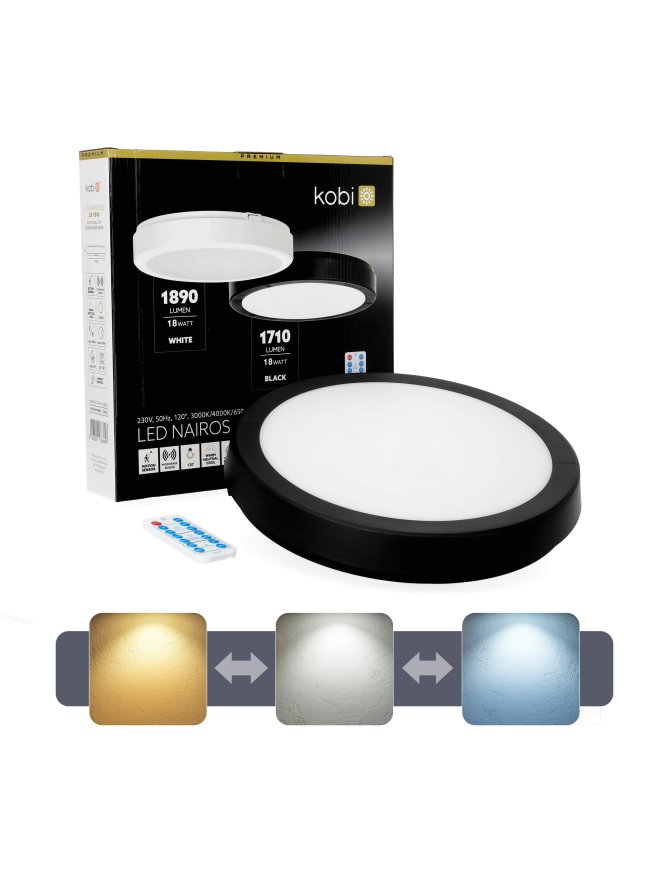 Plafon z czujnikiem ruchu LED NAIROS G2 18W 3CCT LX IP65 czarny Kobi Premium 