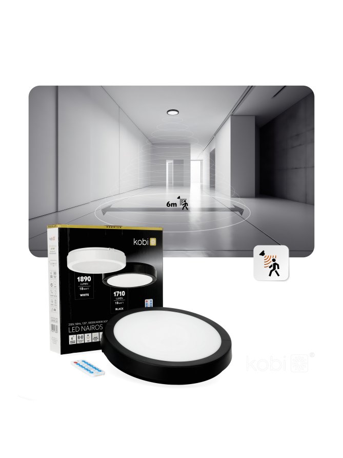 Plafon z czujnikiem ruchu LED NAIROS G2 18W 3CCT LX IP65 czarny Kobi Premium 
