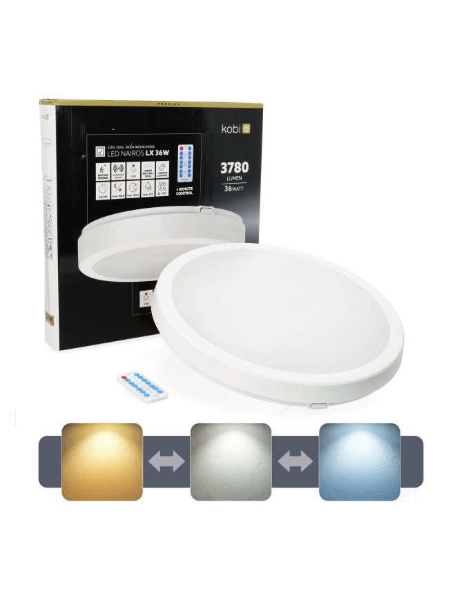 Plafon z czujnikiem ruchu LED NAIROS G2 36W 3CCT LX IP65 biały Kobi Premium 